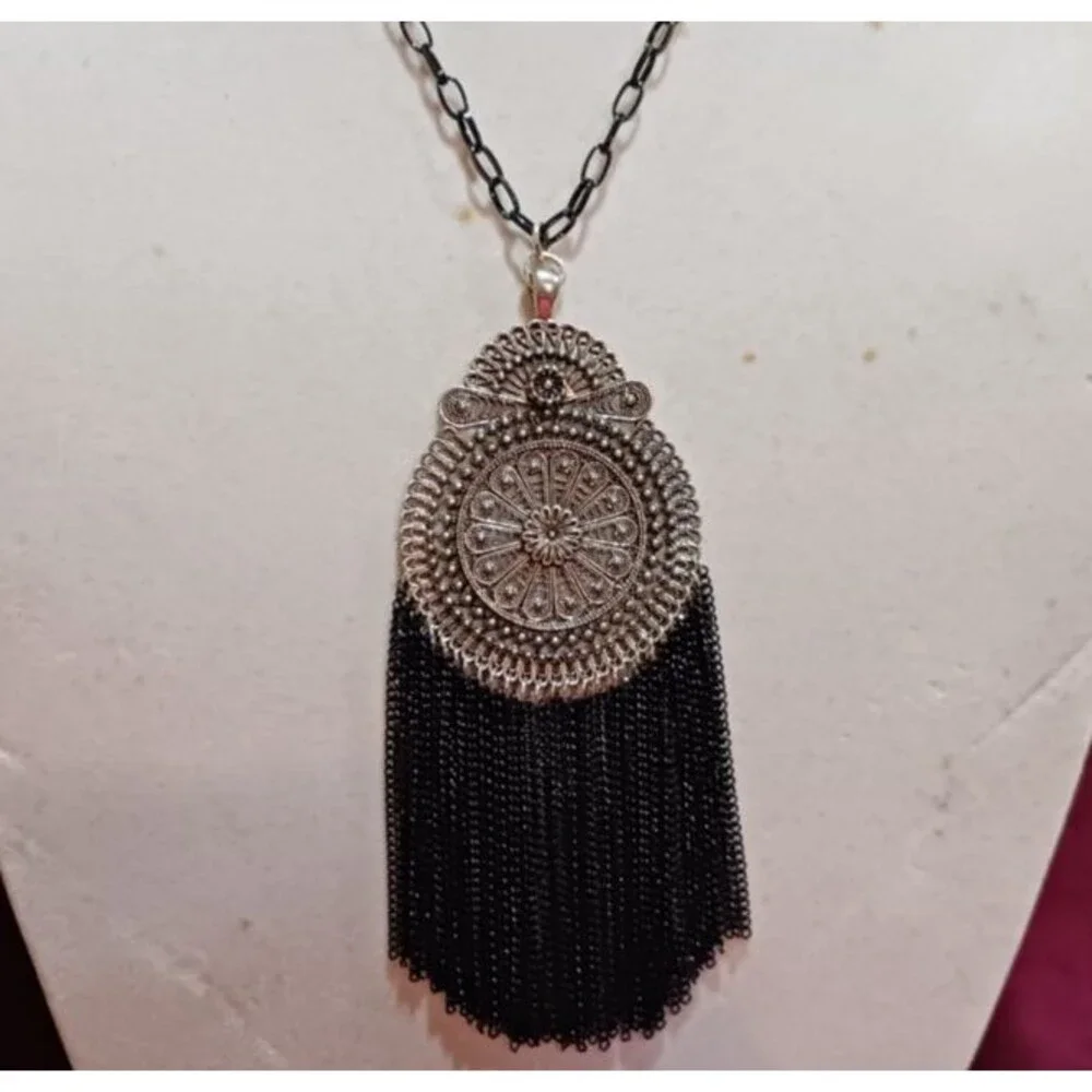 Handmade Black and Dark Silver Tassel Statement Fashion Medallion Necklace - Picture 6 of 8